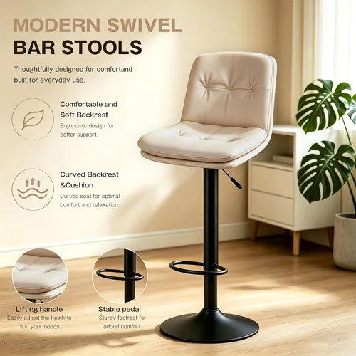 Vista 3 de Bar Stools Set of 2 Swivel Adjustable Bar Chairs Counter Height 360° Swivel Leather Bar Chairs with Padded Seat, Backrest & Footrest for Kitchen