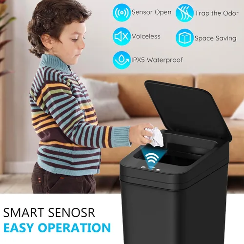 Vista 2 de jinligogo Paquete de 3 cubos de basura pequeños para baño con tapa, 2.6 galones, sin contacto, automático, delgado, impermeable, sensor