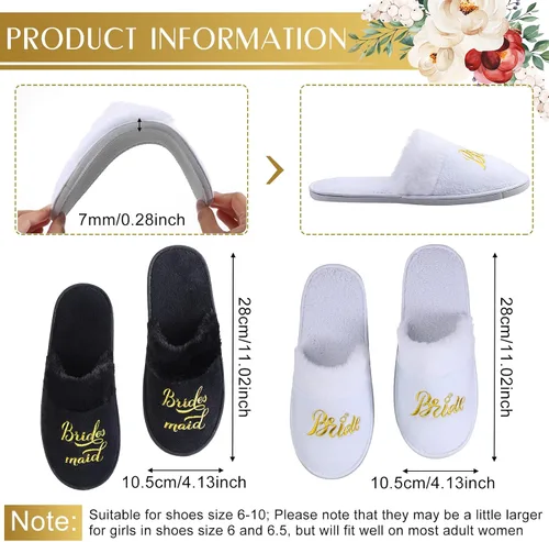 Vista 2 de 7 pares de pantuflas de boda bordadas de tribu de novia y novia, pantuflas de novia peludas, pantuflas blancas para novia, regalo de dama de honor