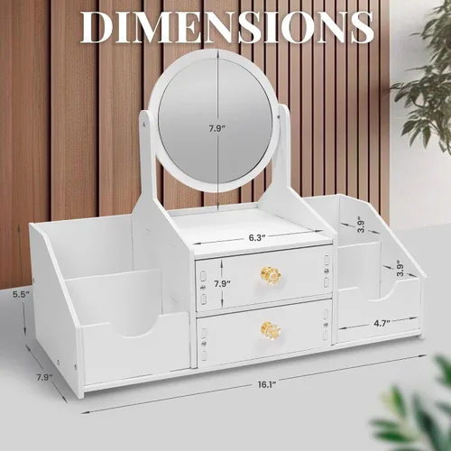 Vista 2 de Organizador de maquillaje de madera, organizadores de maquillaje de encimera con espejo, cajones, organizador de cosméticos para cepillos, cuidado
