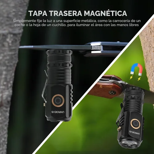 Vista 4 de Unroevs - Paquete de 4 mini linternas a granel de 2550 lúmenes con base magnética 5 modos, pequeña linterna con clip, USB C recargable de bolsillo