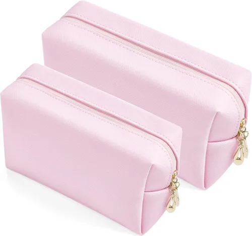 Vista 11 de Juego de 2 bolsas de cosméticos de piel sintética para mujer, bolsa de maquillaje minimalista para uso diario, bolsa de almacenamiento portátil