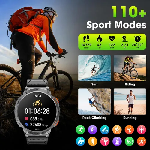 Vista 6 de Military Smart Watches for Men, 1.85" HD Large Screen Smart Watch, Flashlight/730mAh/110+ Sports Modes Fitness Tracker Watch, Waterproof Mens Smart