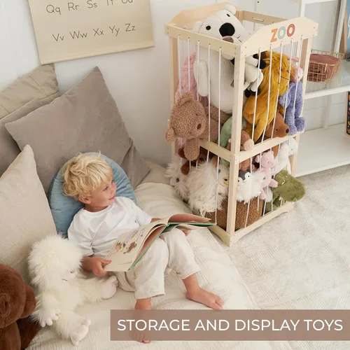 Vista 6 de Almacenamiento de animales de peluche de madera para niños – Gran organizador y soporte de almacenamiento de juguetes para la sala