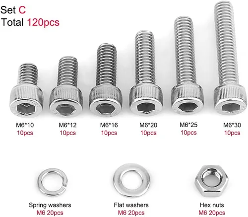 Vista 2 de 120 piezas de tornillos de cabeza hexagonal de acero inoxidable M6, tornillos, tuercas y arandelas, kit surtido utilizado en el hogar y la oficina