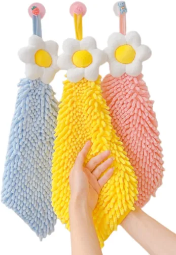Vista 10 de Ivymei Paquete de 3 toallas de mano de felpilla mullidas, bonitas toallas de mano colgantes con lazo para cocina y baño, toallas de baño de mano