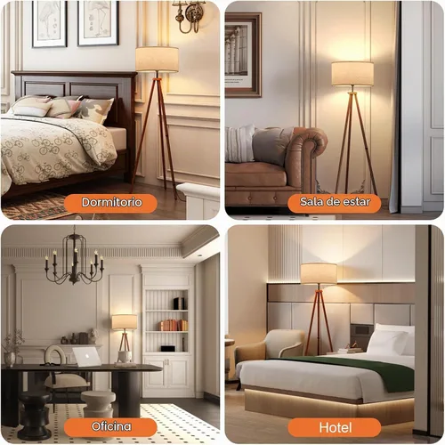 Vista 7 de LiteHistory Lámparas de pie de trípode de madera para sala de estar, dormitorio y oficina, lámpara de pie con pantalla de lino beige, bombilla