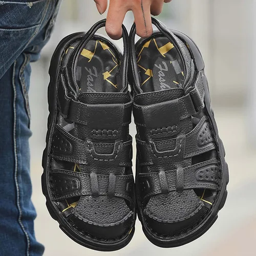 Vista 7 de Feichi Sandalias deportivas para hombre, puntera cerrada, sandalias de cuero hechas a mano, ajustables, para verano, pescador, zapatos de playa