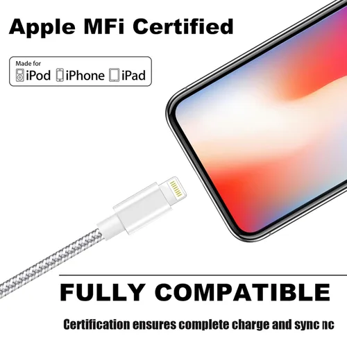 Vista 2 de Paquete de 3 cables de carga para iPhone [certificado Mfi] de 10 pies de nailon trenzado; cable de carga USB de alta velocidad compatible con iPhone