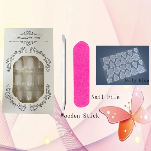 Vista 6 de Uñas postizas acrílicas artificiales cortas cuadradas, blancas, cobertura completa, reutilizables, con forma de ataúd, brillantes, con pegamento