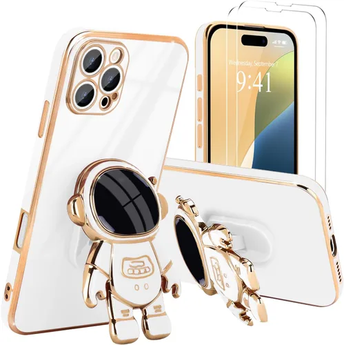Vista 68 de Pepmune - Funda para iPhone 15 con soporte de astronauta 3D, color negro [2 Screen Protector], Luxury Electroplated Soft TPU Cover with Kickstand