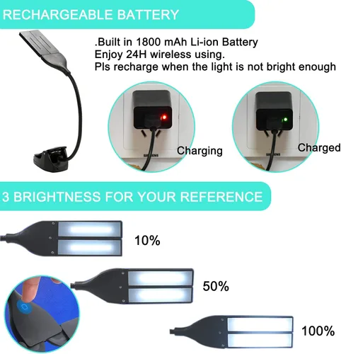 Vista 6 de Luces LED de soporte de música recargables, 28 luces LED con 3 niveles de brillo, lámpara de clip de escritorio de iones de litio de 1800 mAh Negro