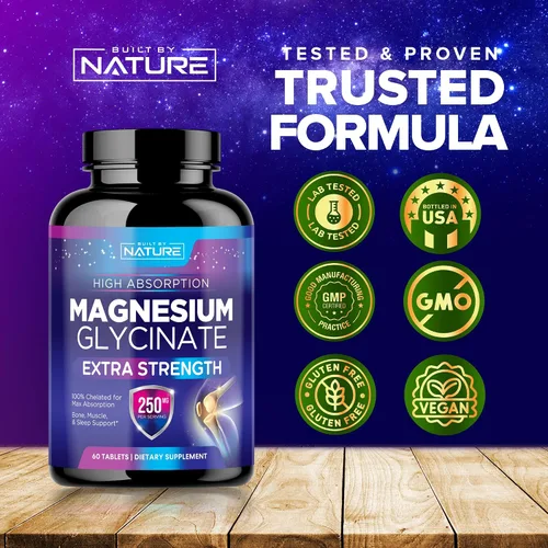 Vista 5 de Glicinato de magnesio 250 mg - Suplemento de magnesio quelado de alta absorción - Glicinato de magnesio 100% puro - Apoyo para la salud del estrés