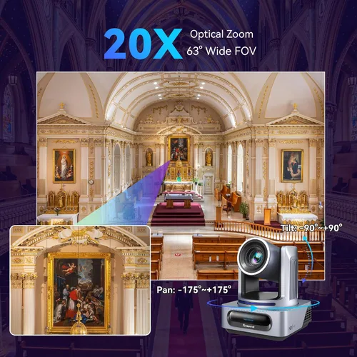 Vista 3 de Tenveo Cámara PTZ NDI, humanoide AI y seguimiento automático facial, zoom óptico 20X, 3G-SDI/HDMI/USB3.0/LAN (PoE) transmisión en vivo con luz