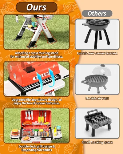 Vista 4 de 60 piezas Parrilla de Barbacoa para Niños con Sonido de Humo y Luz, Set de Juego de Cocina para Niños de 4 a 8 Años, Juguetes de Cocina de Barbacoa