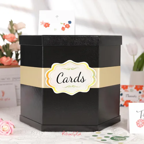 Vista 4 de ROSEGLD Caja de tarjetas, caja de recepción de tarjetas con cinta de 14 x 12 x 12 pulgadas, elegante soporte para tarjetas para bodas, graduaciones