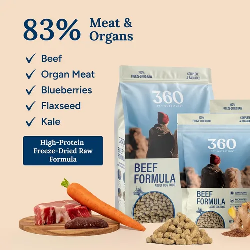 Vista 8 de 360 Pet Nutrition Alimento crudo liofilizado para perros – Receta de carne de res con hígado y órganos, alta proteína con omega-3, frutas, verduras