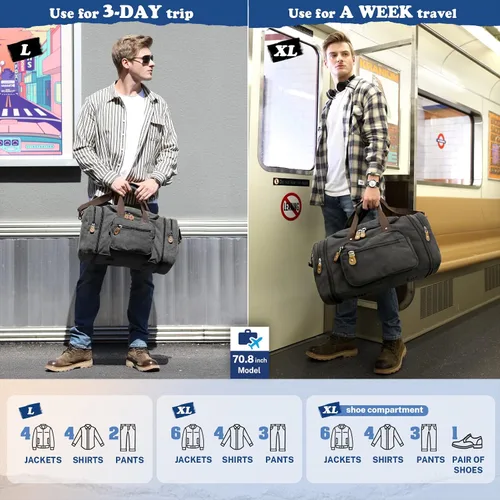 Vista 5 de Gonex Bolsa de lona para viaje 50L60L Duffel Bolsa de fin de semana para la noche, Gris oscuro, Clásico