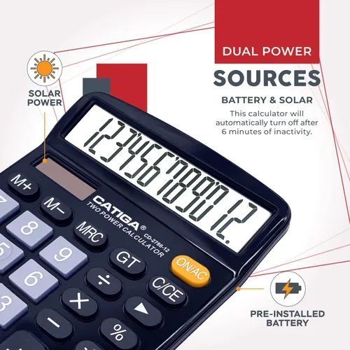 Vista 4 de CATIGA CD-2786 - Calculadora de escritorio de 12 dígitos con pantalla LCD grande y botón sensible, energía solar dual y batería, función estándar