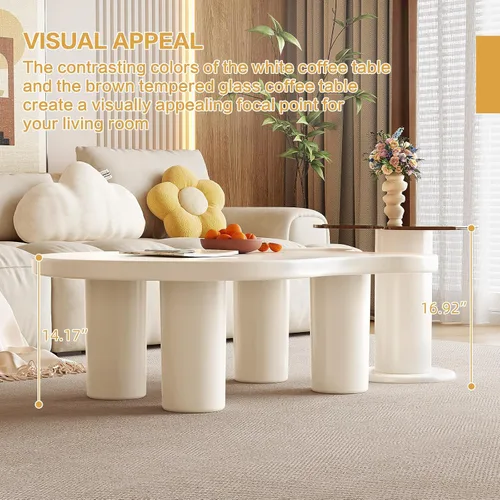 Vista 4 de Guyii - Juego de 2 mesas de centro en forma de nube moderna color blanco crema, juego de 2 mesas auxiliares, mesas de sala de estar con mesa