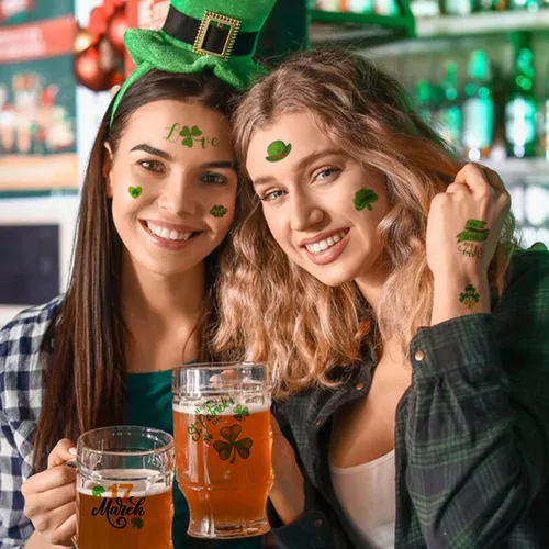 Vista 2 de 80 piezas de accesorios de decoración de tatuajes del día de San Patricio, 12 hojas de calcomanías temporales de tatuaje de trébol para niños