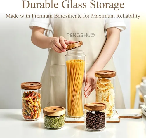 Vista 4 de Tarros de vidrio con tapas de madera herméticas – Mini recipientes de almacenamiento de despensa de cocina de 11 onzas, recipientes decorativos