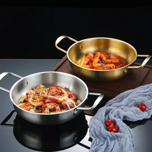 Vista 5 de Sartén de paella dorada de acero inoxidable de 7 pulgadas para cocinar recetas de arroz de paella fiesta en casa