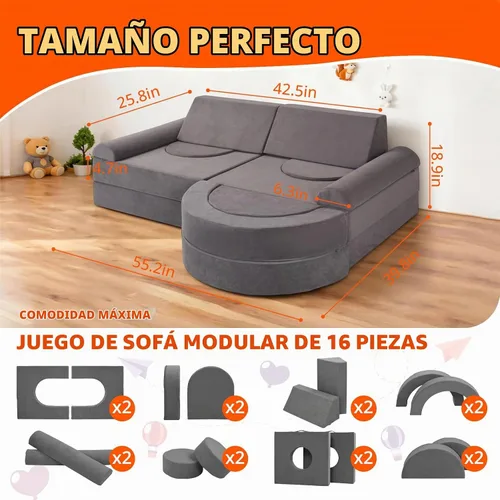 Vista 2 de Fvkind Sofá modular de juego para niños, 16 piezas, sofá de construcción para sala de juegos y dormitorio, sofá modular de juegos para niños y gris