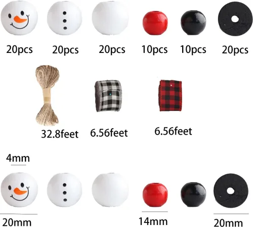 Vista 2 de 100 cuentas de madera de muñeco de nieve de Navidad para manualidades, cuentas de madera de búfalo, cuentas redondas de madera a cuadros, cuentas