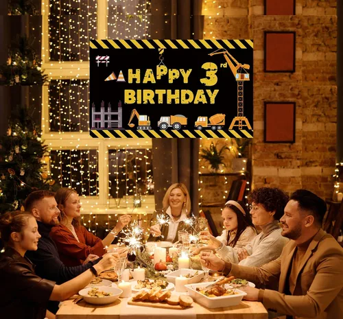 Vista 4 de Joyiou Cartel de fondo de decoración de feliz tercer cumpleaños con tema de construcción para niños y niños, tres años de edad, camión volquete