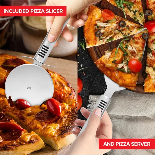Vista 5 de Kit de accesorios esenciales para horno de pizza, incluye mango de madera extralargo, 2 cabezales de cepillo con cerdas de acero inoxidable