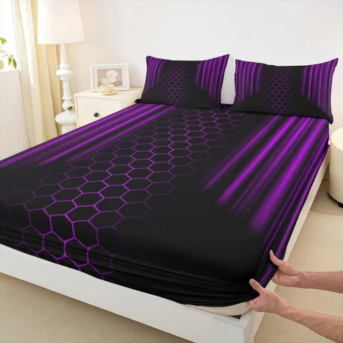 Vista 11 de Manfei Sábana bajera ajustable de panal rojo, tamaño matrimonial, juego de ropa de cama hexagonal geométrica de 3 piezas para decoración de Multi 07