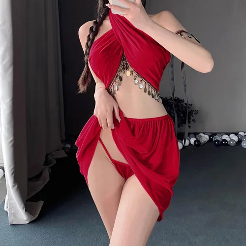 Vista 2 de Lencería sexy para mujer, cuello halter, tanga dividida, salida de baño, exótico, travieso, babydoll para cosplay, disfraz sexual