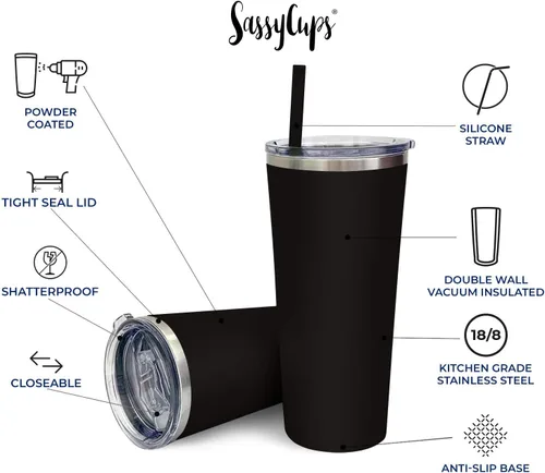 Vista 2 de Vaso de acero inoxidable aislado al vacío con tapa y pajita, taza temática de gatos para amantes de los gatos, taza para mamá y gato, taza