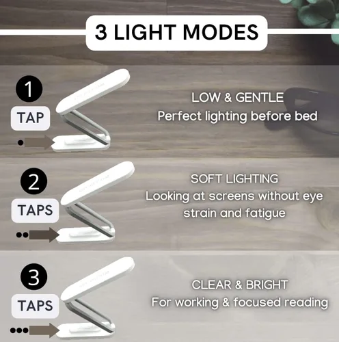 Vista 3 de FERMALIFE - Lámpara LED plegable de mesa, luz nocturna de lectura portátil ajustable - 3 ajustes de luz, USB compacto y recargable para dormitorio