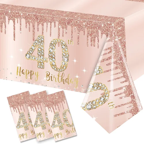 Vista 7 de Pack de 3 manteles de cumpleaños número 70 para mujer, rosado y dorado, mantel de plástico desechable rectangular para fiesta de cumpleaños número