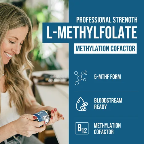 Vista 2 de L Metilfolato 1000 mcg Plus Metilo B12 Cofactor – Forma Activa 5-MTHF - Respalda el Estado de Ánimo, la Metilación, la Cognición – Formas Bioactivas