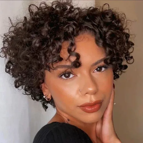 Vista 3 de Peluca de cabello humano con onda de dedo negro, peluca de encaje frontal de 4 pulgadas, peluca corta de Pixie para mujeres, peluca brasileña