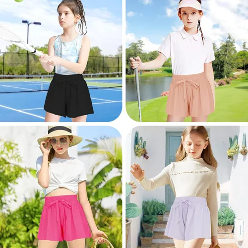 Vista 5 de QooNoo Girls Butterfly Shorts with Pocket Flowy Athletic Shorts High Waist Preppy Running Shorts for Kids Teen