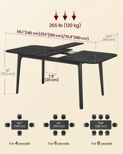 Vista 2 de VASAGLE Colección MAEZO - Mesa de comedor extensible para 4/6/8, mesa de cocina con patas cónicas, transiciones curvas, para comedor, cocina