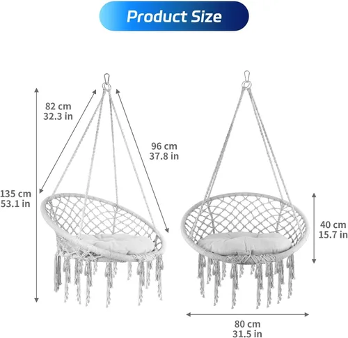 Vista 6 de Silla hamaca columpio de macramé, capacidad de 330 libras, silla colgante de cuerda de algodón con cojín suave y kit de herramientas, silla colgante