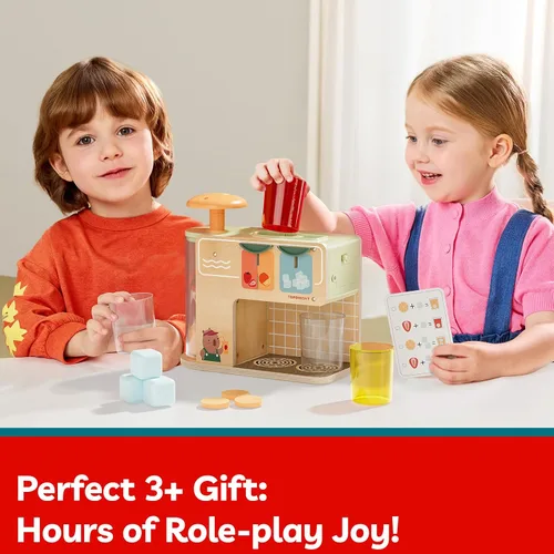 Vista 4 de TOP BRIGHT Dispensador de Bebidas de Madera para Juegos de Simulación, Juegos de Comida para Cocina Infantil con Tazas, Insertos de Jugo, Cubitos