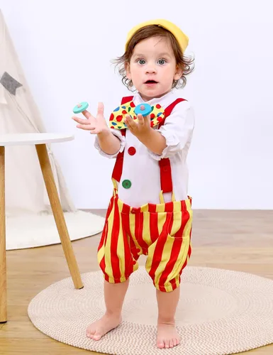 Vista 2 de COSLAND Disfraz de payaso para bebé niño, mameluco de circo con sombrero, 3-24 meses