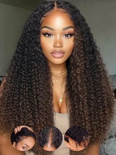 Vista 13 de KLAIYI Bye Bye Slip™ Ombre Chestnut Brown Bob Curly Glueless Precut 7x5 Lace Front Wigs Human Hair Side Part Drawstring Pre Plucked Bleached Knots