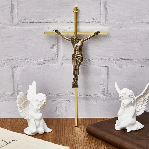Vista 3 de Leinuosen Crucifijo de pared de 4 piezas de cruz católica delgada de metal para decoración del hogar, colgante de Jesús, 10 x 5 x 1 pulgadas (dorado)