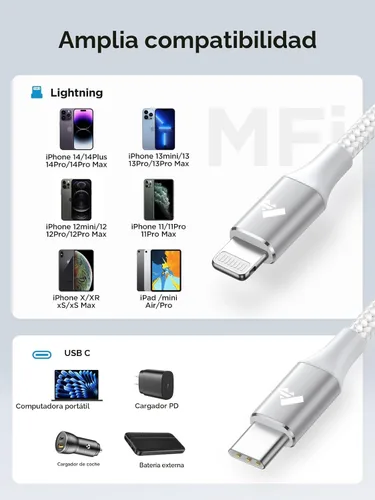 Vista 6 de Cable USB C a Lightning de 10 pies [certificado Apple MFi] Cargador rápido para iPhone USB C, suministro de energía, tipo C a Lightning, cable