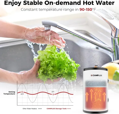 Vista 5 de CAMPLUX - Calentador de agua eléctrico de tanque de 10 galones, calentador de agua caliente de punto de uso (ME100B) 120 V 1500 W, más fácil de usar