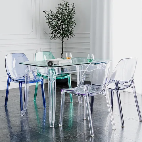 Vista 5 de Silla de comedor de acrílico moderna de mediados de siglo, silla de cocina transparente apilable con respaldo curvado para comedor, cocina, sala