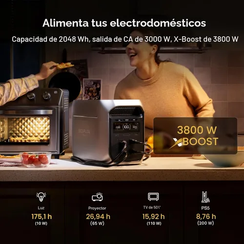 Vista 3 de EF ECOFLOW Estación de energía portátil DELTA 3 Max Plus, batería LiFePO4 de 2048 Wh, generador solar (panel solar opcional), salida máxima de 3000