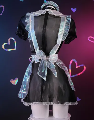 Vista 3 de Disfraz de sirvienta para mujer con delantal, gargantilla, diadema, Halloween, cosplay